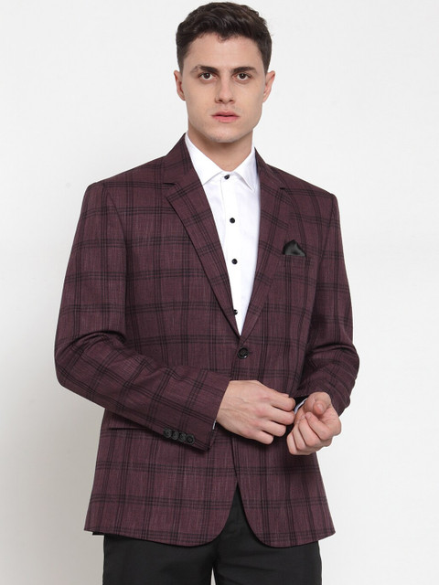 

MAXENCE Men Burgundy & Black Checked Slim-Fit Single-Breasted Formal Designer Blazer