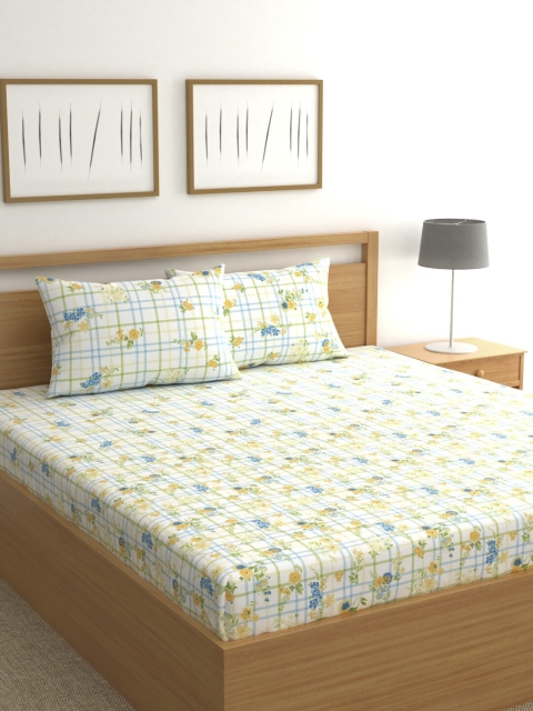 Raymond Home White Floral 200 TC Cotton 1 King Bedsheet with 2 Pillow Covers