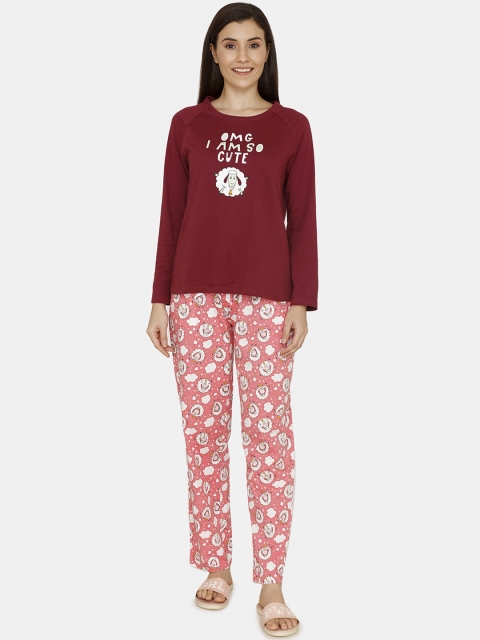 

Zivame Women Red & Pink Printed Night suit