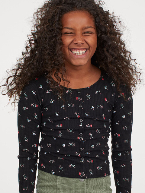 

H&M Girls Black Micro Floral Print Ribbed Top