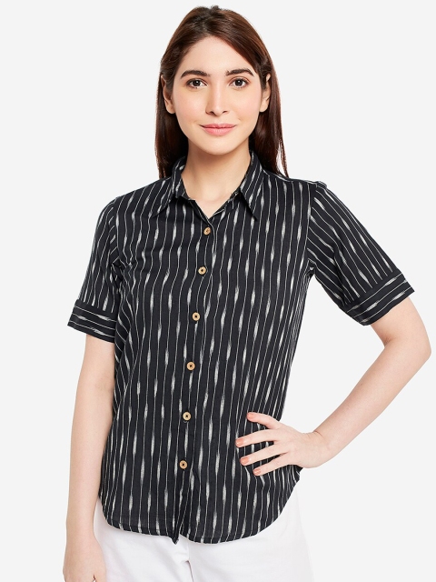 

Desi Weavess Women Black & White Regular Fit Striped Casual Shirt