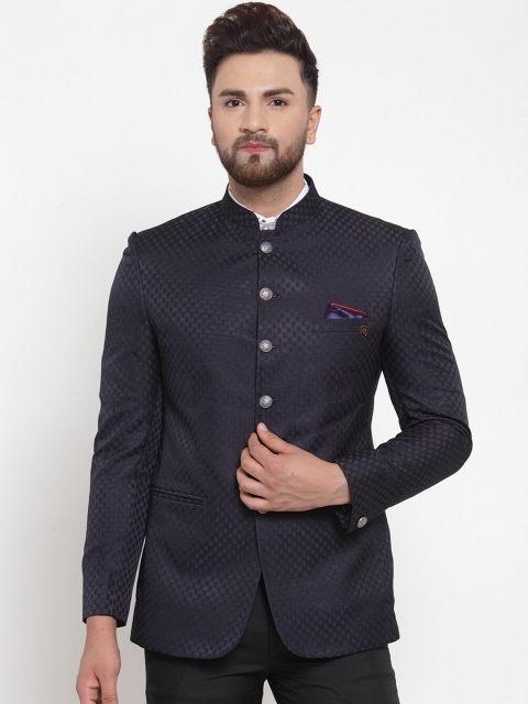 

MAXENCE Men Navy Blue Self-Design Slim-Fit Bandhgala Formal Blazer
