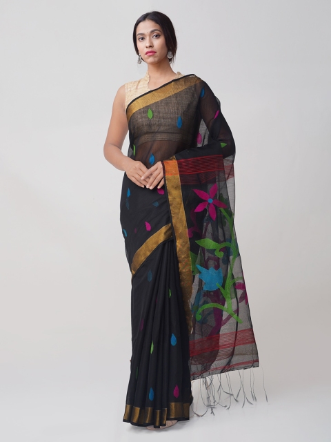 

Unnati Silks Black Silk Cotton Printed Jamdani Saree
