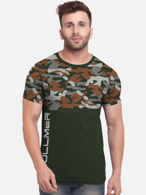 BULLMER Men Olive Green Camouflage Printed Round Neck T-shirt