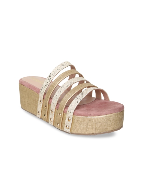 

VALIOSAA Women Gold-Toned & Cream-Coloured Colourblocked Heels