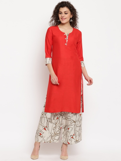

Vastrachowk Women Red & Off-White Solid Kurta with Palazzos
