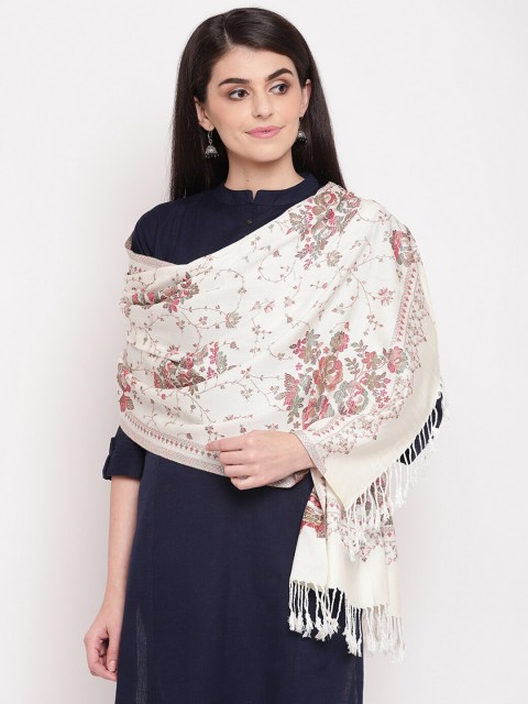 

HK colours of fashion Women Off-White Woven Design Acrylic Stole with Tasselled Border