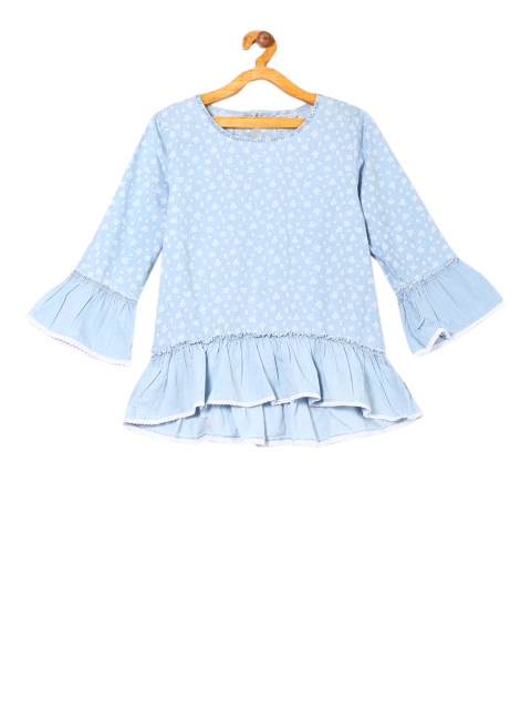 

Cherokee Girls Blue Floral Printed Denim Peplum Pure Cotton Top