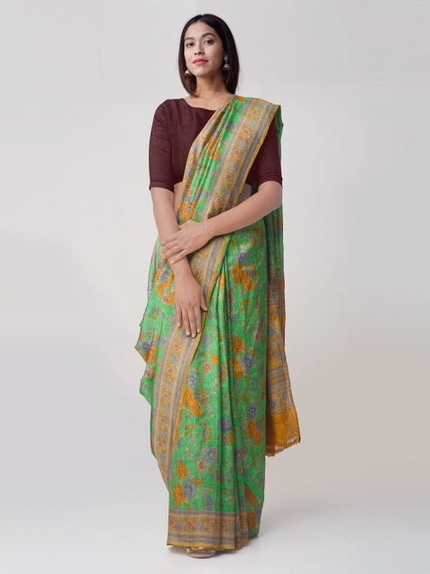 Unnati Silks Green & Yellow Pure Silk Printed Tussar Handloom Saree