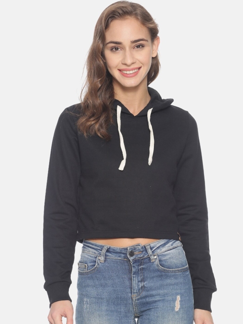 

Campus Sutra Women Black Solid Hooded Sweatshirt