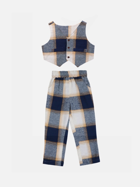 

LilPicks Boys Navy Blue & White Checked Waist Coat with Trousers