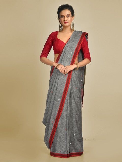 

Mitera Grey & Maroon Pure Cotton Printed Taant Saree