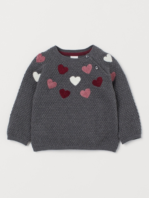 

H&M Girls Charcoal Grey & Pink Textured-Knit Jumper