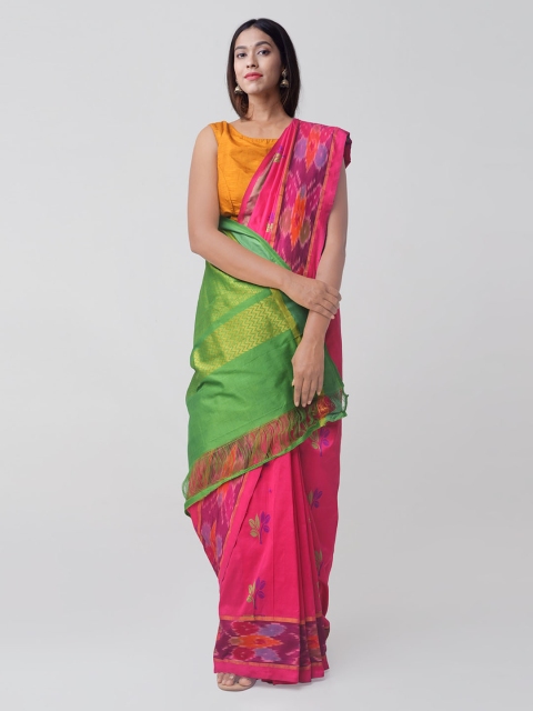 

Unnati Silks Pink & Green Silk Cotton Woven Design Handloom Pochampally Saree