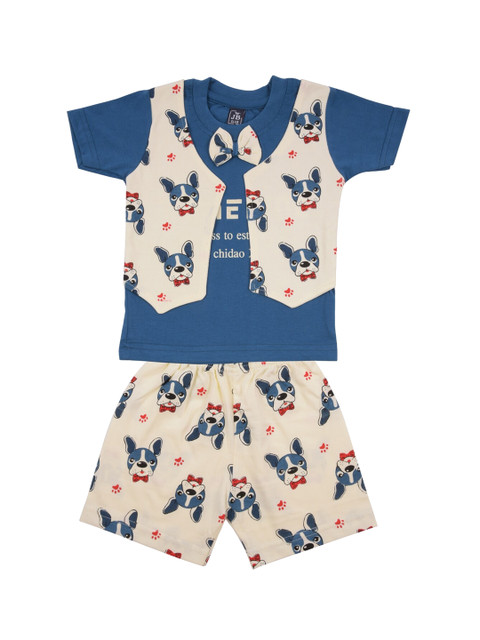 

Jb Club Infant Boys Off-White & Blue Printed T-shirt & Waist Coat with Shorts Set