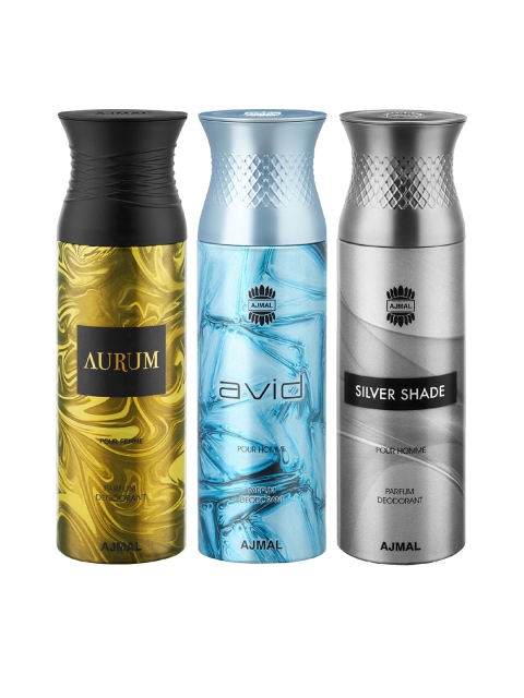 

Ajmal Unisex Pack of 3 Aurum & Avid & Silver Shade Deodorant - 200 ml each, Multi