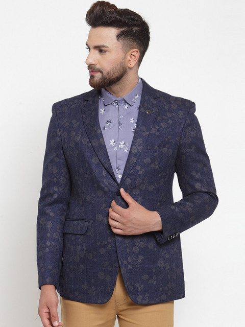 

MAXENCE Men Blue & Green Foil Printed Slim-Fit Single-Breasted Party Blazer