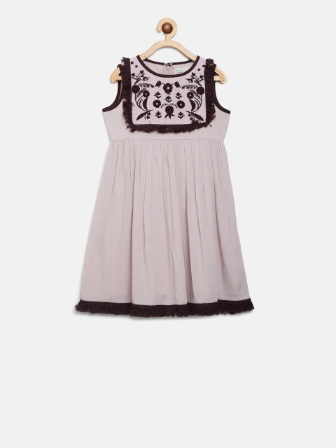 

Cherry Crumble Girls Mauve & Brown Embroidered Fit and Flare Dress