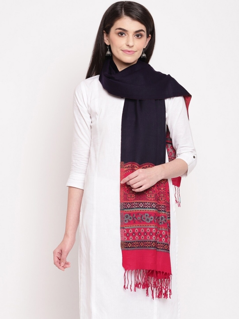 

HK colours of fashion Women Navy Blue & Red Woven Design Stole with Tasselled Border