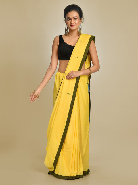 

Mitera Yellow & Black Pure Cotton Solid Taant Saree