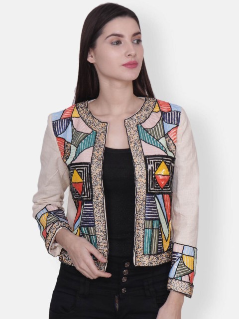 

Diwaah Women Multicoloured Floral Sequin Embellished Open Front Jacket, Multi