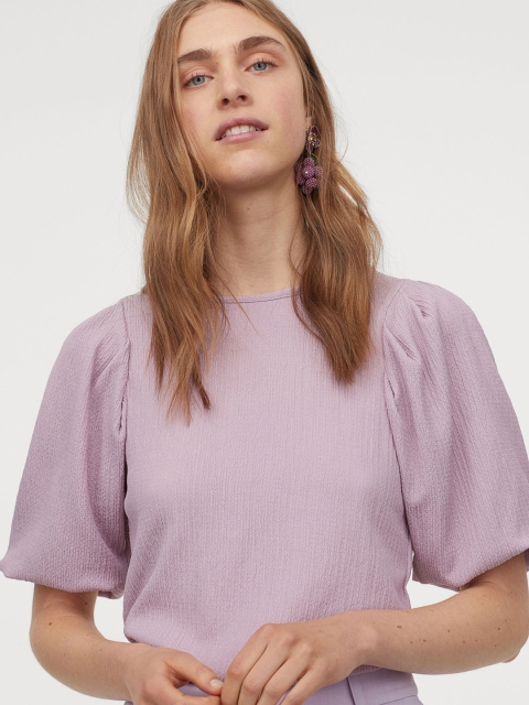 

H&M Women Purple Crinkled Puff-Sleeved Blouse