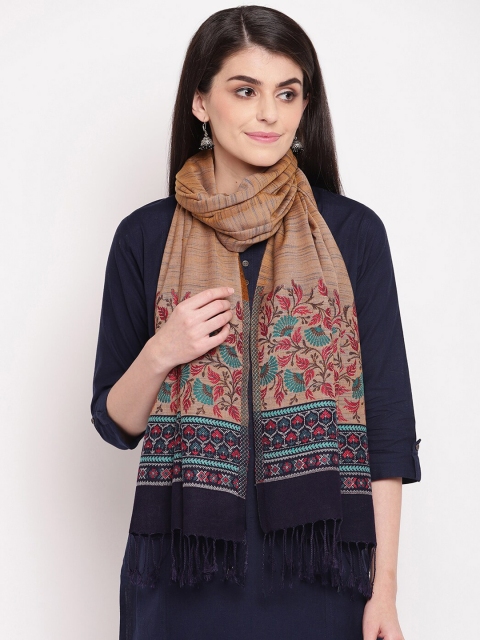 

HK colours of fashion Women Mustard Brown Woven Design Stole with Tasselled Border