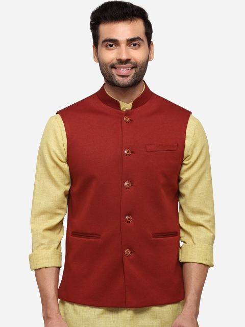 

JB STUDIO Men Rust Red Solid Corduroy Nehru Jacket