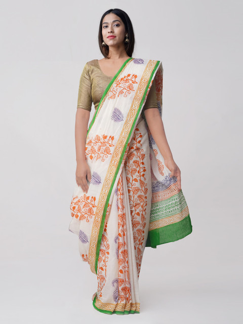 

Unnati Silks White & Orange Pure Cotton Printed Kasavu Saree