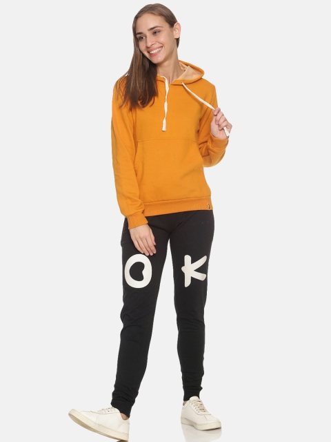 

Campus Sutra Women Mustard Yellow & Black Solid Casual Hooded Tracksuit