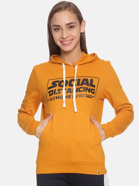 

Campus Sutra Women Mustard Yellow Printed Hooded Sweatshirt