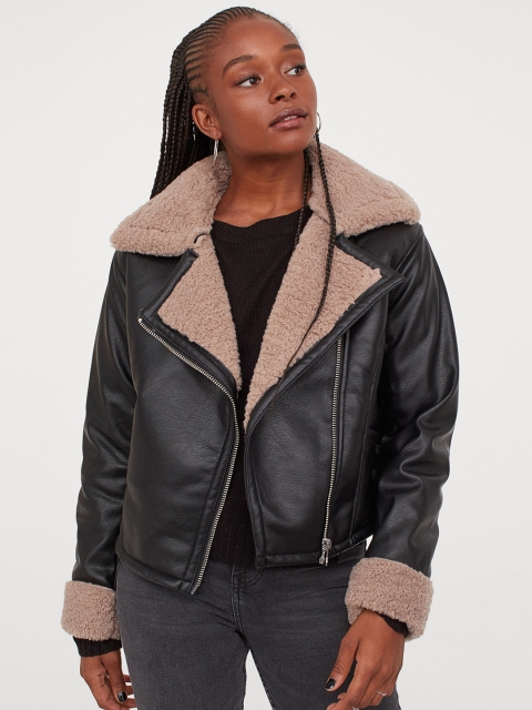 

H&M Women Black Solid Biker Jacket