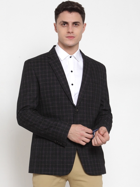 

MAXENCE Men Charcoal Grey Checked Slim-Fit Single-Breasted Formal Blazer