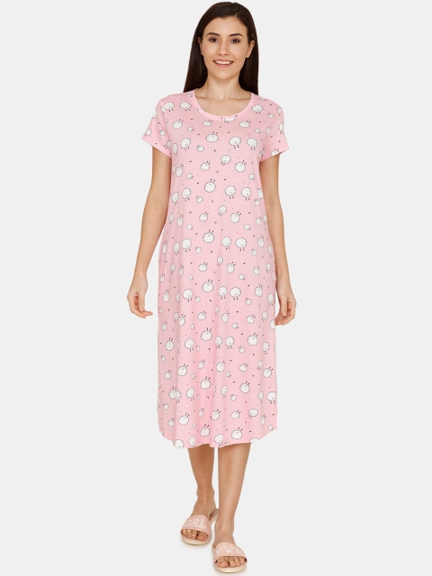 

Zivame Pink & Off-White Sheep Print Pure Cotton Sleep Shirt
