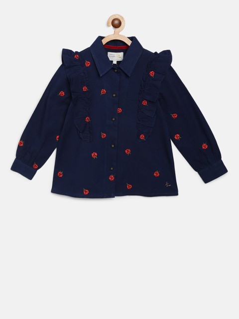 

Cherry Crumble Girls Navy Blue & Red Embroidered Shirt Style Top