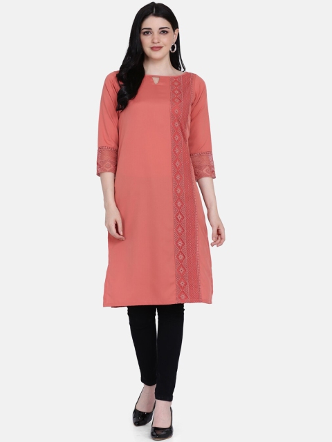 

Ojjasvi Women Rust Embroidered Straight Kurta
