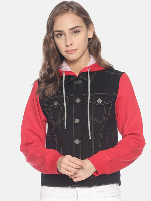 

Campus Sutra Women Black Colourblocked Windcheater Denim Jacket