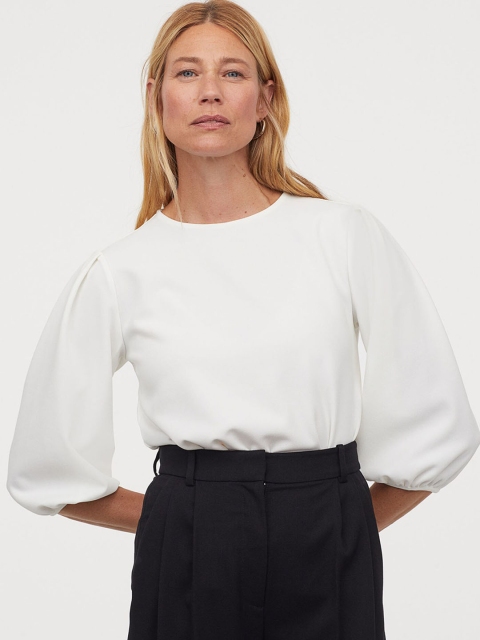 

H&M Women White Solid Puff-Sleeved Top