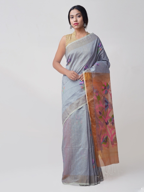 

Unnati Silks Grey & Orange Silk Cotton Woven Design Jamdani Saree