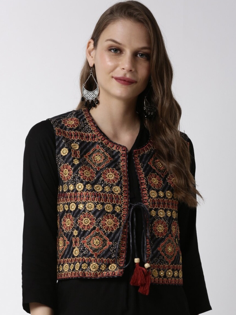 

Soch Women Black Embroidered Ethnic Open Front Jacket