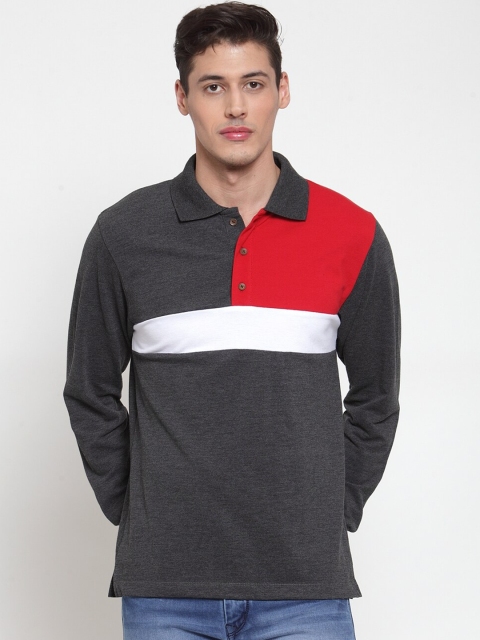 

Kalt Men Charcoal Grey & Red Colourblocked Polo Collar T-shirt