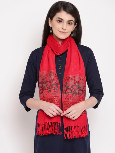 

HK colours of fashion Women Red Woven Design Stole with Tasselled Border