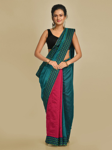 

Mitera Teal & Pink Cotton Blend Colourblocked Handloom Saree