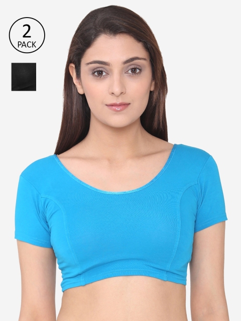 

Vami Women Pack Of 2 Solid Stitched Saree Blouses, Turquoise blue