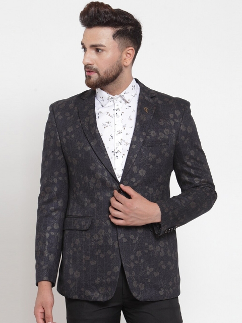 

MAXENCE Men Grey & Olive Green Foil Printed Slim-Fit Single-Breasted Party Blazer