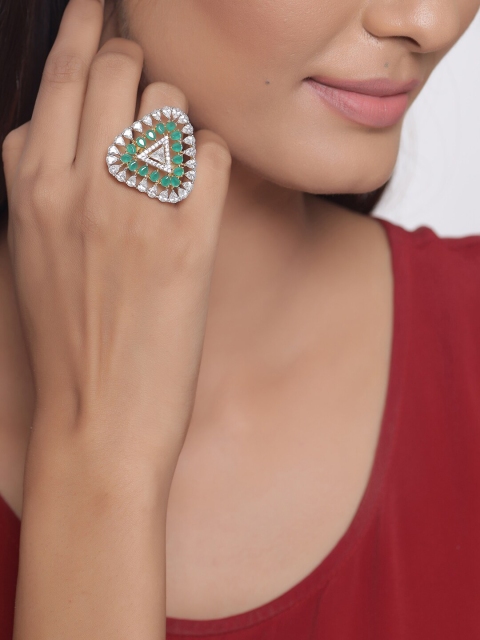 

Tistabene Gold-Plated White & Green AD-Studded Cocktail Adjustable Finger Ring