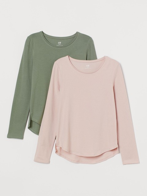 

H&M Girls 2-Pack Solid Long-Sleeved T-Shirts, Green