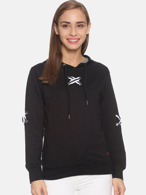 

Campus Sutra Women Black Solid Hooded Sweatshirt