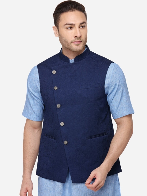 

JB STUDIO Men Blue Solid Corduroy Nehru Jacket, Navy blue