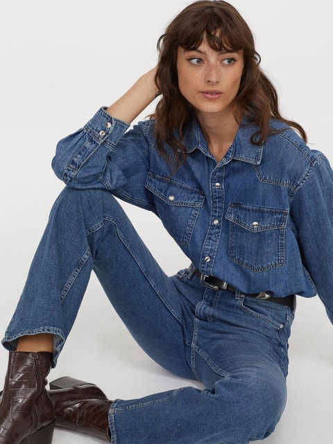 

H&M Women Blue Solid Denim Shirt